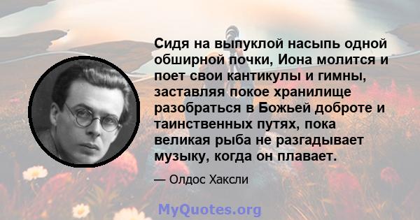 Сидя на выпуклой насыпь одной обширной почки, Иона молится и поет свои кантикулы и гимны, заставляя покое хранилище разобраться в Божьей доброте и таинственных путях, пока великая рыба не разгадывает музыку, когда он