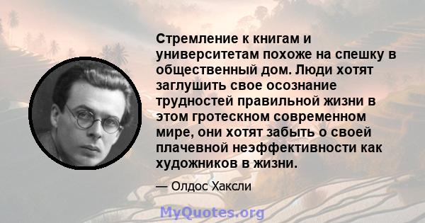 Стремление к книгам и университетам похоже на спешку в общественный дом. Люди хотят заглушить свое осознание трудностей правильной жизни в этом гротескном современном мире, они хотят забыть о своей плачевной