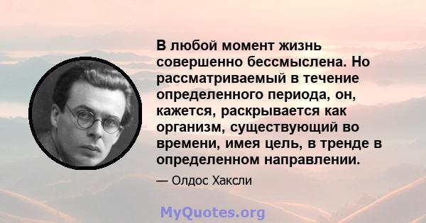 В любой момент жизнь совершенно бессмыслена. Но рассматриваемый в течение определенного периода, он, кажется, раскрывается как организм, существующий во времени, имея цель, в тренде в определенном направлении.