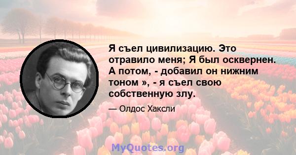 Я съел цивилизацию. Это отравило меня; Я был осквернен. А потом, - добавил он нижним тоном », - я съел свою собственную злу.