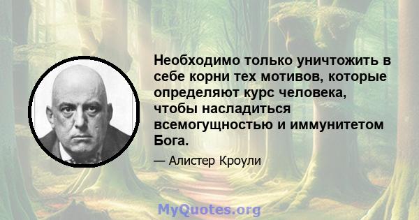 Необходимо только уничтожить в себе корни тех мотивов, которые определяют курс человека, чтобы насладиться всемогущностью и иммунитетом Бога.