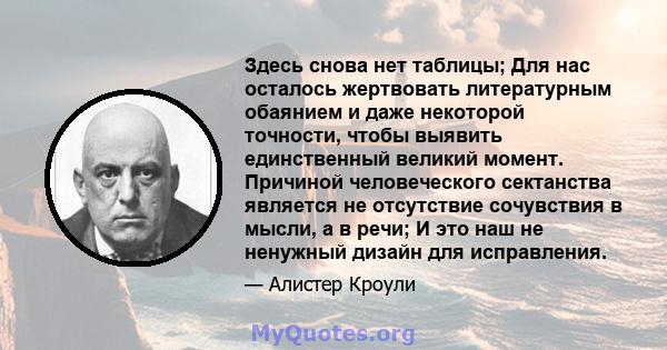 Здесь снова нет таблицы; Для нас осталось жертвовать литературным обаянием и даже некоторой точности, чтобы выявить единственный великий момент. Причиной человеческого сектанства является не отсутствие сочувствия в