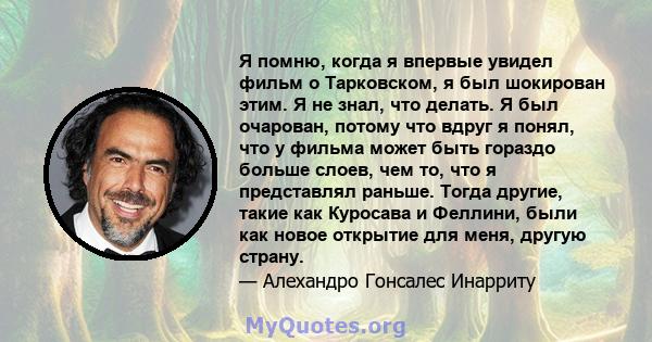 Я помню, когда я впервые увидел фильм о Тарковском, я был шокирован этим. Я не знал, что делать. Я был очарован, потому что вдруг я понял, что у фильма может быть гораздо больше слоев, чем то, что я представлял раньше.