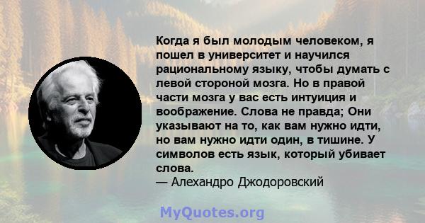 Когда я был молодым человеком, я пошел в университет и научился рациональному языку, чтобы думать с левой стороной мозга. Но в правой части мозга у вас есть интуиция и воображение. Слова не правда; Они указывают на то,