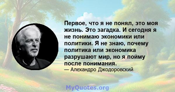 Первое, что я не понял, это моя жизнь. Это загадка. И сегодня я не понимаю экономики или политики. Я не знаю, почему политика или экономика разрушают мир, но я пойму после понимания.