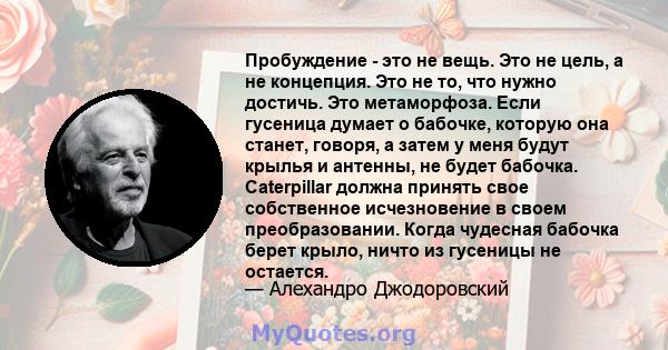 Пробуждение - это не вещь. Это не цель, а не концепция. Это не то, что нужно достичь. Это метаморфоза. Если гусеница думает о бабочке, которую она станет, говоря, а затем у меня будут крылья и антенны, не будет бабочка. 