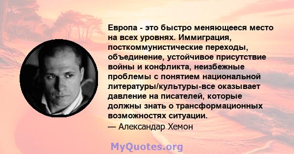 Европа - это быстро меняющееся место на всех уровнях. Иммиграция, посткоммунистические переходы, объединение, устойчивое присутствие войны и конфликта, неизбежные проблемы с понятием национальной литературы/культуры-все 