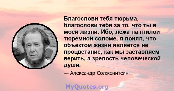 Благослови тебя тюрьма, благослови тебя за то, что ты в моей жизни. Ибо, лежа на гнилой тюремной соломе, я понял, что объектом жизни является не процветание, как мы заставляем верить, а зрелость человеческой души.