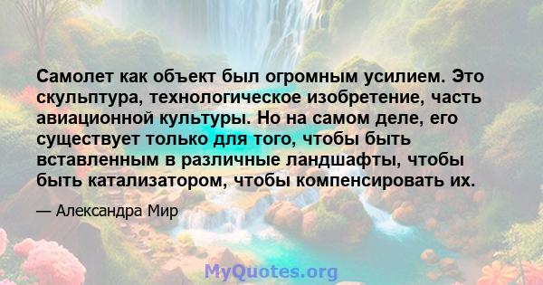 Самолет как объект был огромным усилием. Это скульптура, технологическое изобретение, часть авиационной культуры. Но на самом деле, его существует только для того, чтобы быть вставленным в различные ландшафты, чтобы