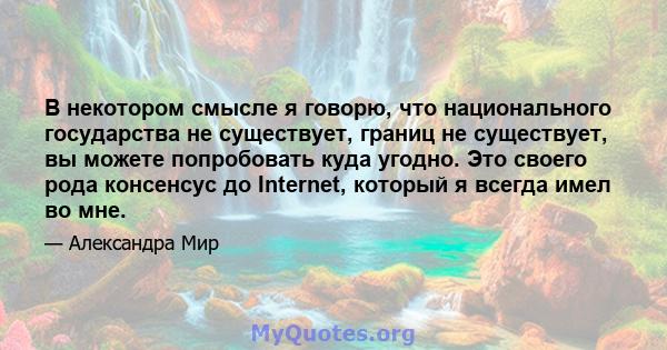 В некотором смысле я говорю, что национального государства не существует, границ не существует, вы можете попробовать куда угодно. Это своего рода консенсус до Internet, который я всегда имел во мне.