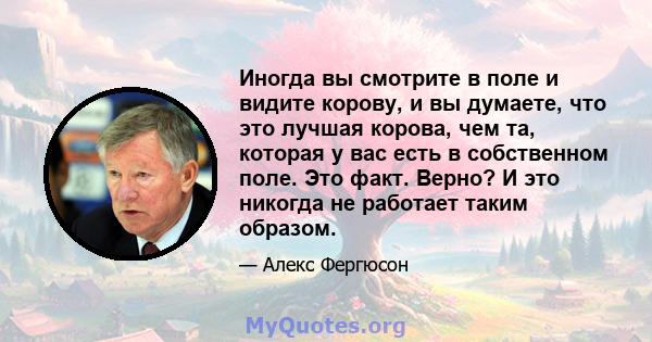 Иногда вы смотрите в поле и видите корову, и вы думаете, что это лучшая корова, чем та, которая у вас есть в собственном поле. Это факт. Верно? И это никогда не работает таким образом.