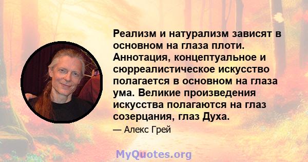 Реализм и натурализм зависят в основном на глаза плоти. Аннотация, концептуальное и сюрреалистическое искусство полагается в основном на глаза ума. Великие произведения искусства полагаются на глаз созерцания, глаз Духа.