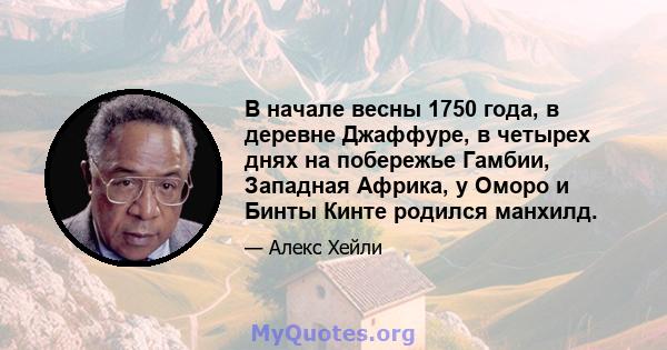 В начале весны 1750 года, в деревне Джаффуре, в четырех днях на побережье Гамбии, Западная Африка, у Оморо и Бинты Кинте родился манхилд.