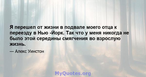 Я перешел от жизни в подвале моего отца к переезду в Нью -Йорк. Так что у меня никогда не было этой середины смягчения во взрослую жизнь.