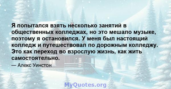 Я попытался взять несколько занятий в общественных колледжах, но это мешало музыке, поэтому я остановился. У меня был настоящий колледж и путешествовал по дорожным колледжу. Это как переход во взрослую жизнь, как жить