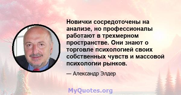 Новички сосредоточены на анализе, но профессионалы работают в трехмерном пространстве. Они знают о торговле психологией своих собственных чувств и массовой психологии рынков.