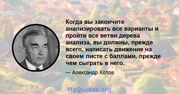 Когда вы закончите анализировать все варианты и пройти все ветви дерева анализа, вы должны, прежде всего, написать движение на своем листе с баллами, прежде чем сыграть в него.