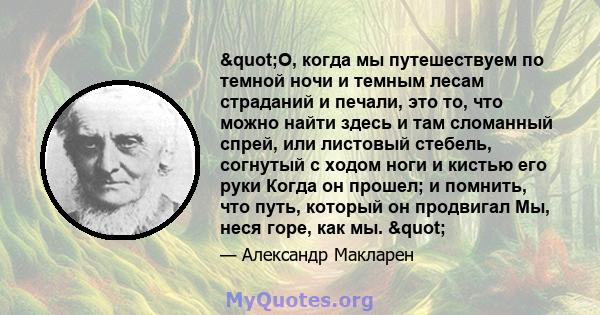 "О, когда мы путешествуем по темной ночи и темным лесам страданий и печали, это то, что можно найти здесь и там сломанный спрей, или листовый стебель, согнутый с ходом ноги и кистью его руки Когда он прошел; и