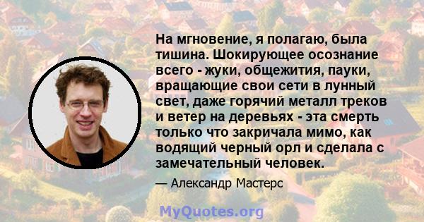 На мгновение, я полагаю, была тишина. Шокирующее осознание всего - жуки, общежития, пауки, вращающие свои сети в лунный свет, даже горячий металл треков и ветер на деревьях - эта смерть только что закричала мимо, как