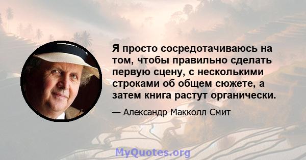 Я просто сосредотачиваюсь на том, чтобы правильно сделать первую сцену, с несколькими строками об общем сюжете, а затем книга растут органически.