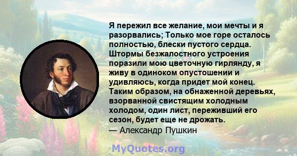 Я пережил все желание, мои мечты и я разорвались; Только мое горе осталось полностью, блески пустого сердца. Штормы безжалостного устроения поразили мою цветочную гирлянду, я живу в одиноком опустошении и удивляюсь,