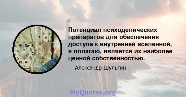 Потенциал психоделических препаратов для обеспечения доступа к внутренней вселенной, я полагаю, является их наиболее ценной собственностью.