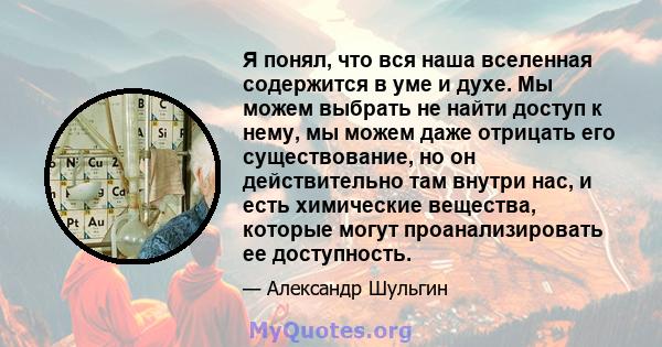 Я понял, что вся наша вселенная содержится в уме и духе. Мы можем выбрать не найти доступ к нему, мы можем даже отрицать его существование, но он действительно там внутри нас, и есть химические вещества, которые могут