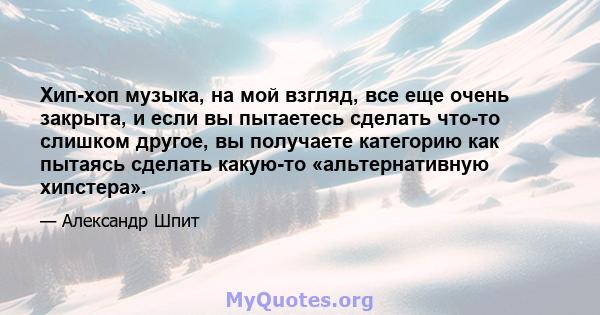 Хип-хоп музыка, на мой взгляд, все еще очень закрыта, и если вы пытаетесь сделать что-то слишком другое, вы получаете категорию как пытаясь сделать какую-то «альтернативную хипстера».