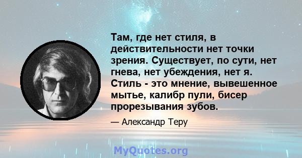 Там, где нет стиля, в действительности нет точки зрения. Существует, по сути, нет гнева, нет убеждения, нет я. Стиль - это мнение, вывешенное мытье, калибр пули, бисер прорезывания зубов.