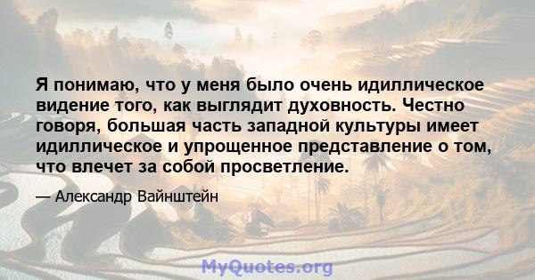 Я понимаю, что у меня было очень идиллическое видение того, как выглядит духовность. Честно говоря, большая часть западной культуры имеет идиллическое и упрощенное представление о том, что влечет за собой просветление.