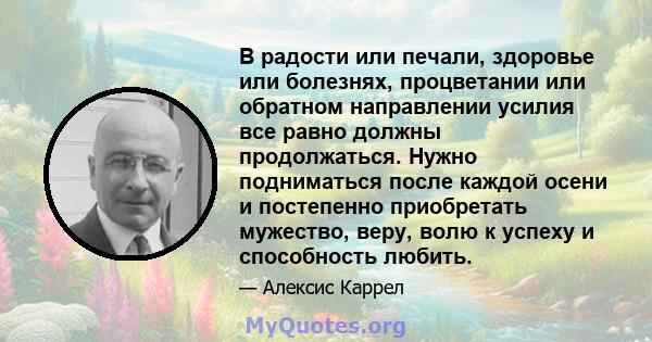 В радости или печали, здоровье или болезнях, процветании или обратном направлении усилия все равно должны продолжаться. Нужно подниматься после каждой осени и постепенно приобретать мужество, веру, волю к успеху и