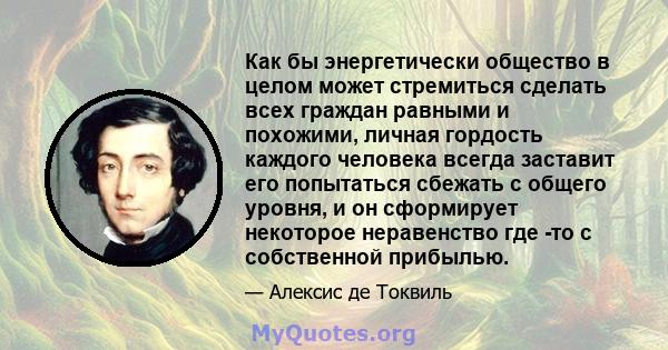 Как бы энергетически общество в целом может стремиться сделать всех граждан равными и похожими, личная гордость каждого человека всегда заставит его попытаться сбежать с общего уровня, и он сформирует некоторое