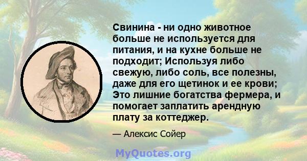 Свинина - ни одно животное больше не используется для питания, и на кухне больше не подходит; Используя либо свежую, либо соль, все полезны, даже для его щетинок и ее крови; Это лишние богатства фермера, и помогает