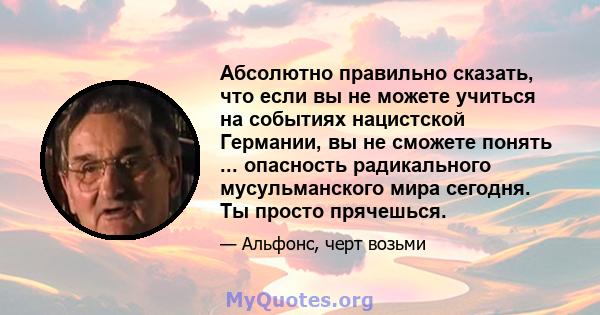 Абсолютно правильно сказать, что если вы не можете учиться на событиях нацистской Германии, вы не сможете понять ... опасность радикального мусульманского мира сегодня. Ты просто прячешься.