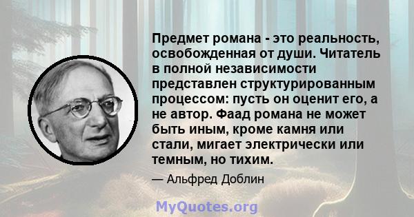 Предмет романа - это реальность, освобожденная от души. Читатель в полной независимости представлен структурированным процессом: пусть он оценит его, а не автор. Фаад романа не может быть иным, кроме камня или стали,