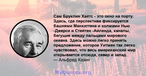 Сам Бруклин Хайтс - это окно на порту. Здесь, где перспектива фиксируется башнями Манхэттена и холмами Нью -Джерси и Стейтен -Айленда, каналы, бегущие между пальцами мирового океана. Здесь можно легко принять