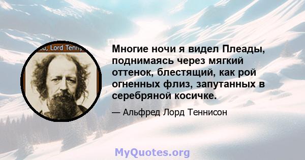 Многие ночи я видел Плеады, поднимаясь через мягкий оттенок, блестящий, как рой огненных флиз, запутанных в серебряной косичке.