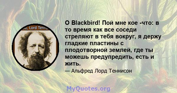 O Blackbird! Пой мне кое -что: в то время как все соседи стреляют в тебя вокруг, я держу гладкие пластины с плодотворной землей, где ты можешь предупредить, есть и жить.