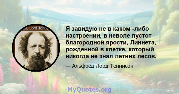 Я завидую не в каком -либо настроении, в неволе пустот благородной ярости, Линнета, рожденной в клетке, который никогда не знал летних лесов.