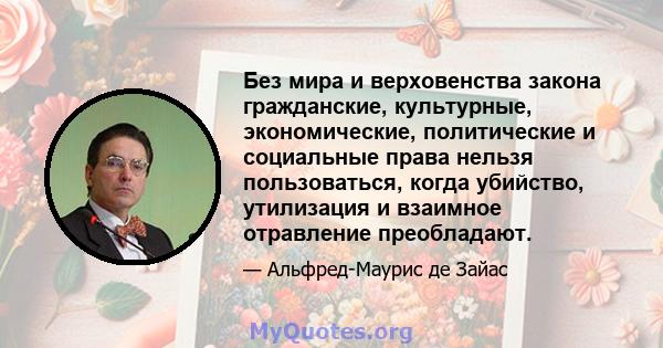 Без мира и верховенства закона гражданские, культурные, экономические, политические и социальные права нельзя пользоваться, когда убийство, утилизация и взаимное отравление преобладают.