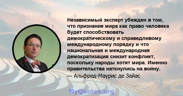 Независимый эксперт убежден в том, что признание мира как право человека будет способствовать демократическому и справедливому международному порядку и что национальная и международная демократизация снизит конфликт,