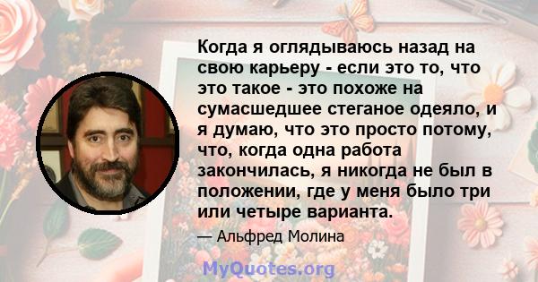 Когда я оглядываюсь назад на свою карьеру - если это то, что это такое - это похоже на сумасшедшее стеганое одеяло, и я думаю, что это просто потому, что, когда одна работа закончилась, я никогда не был в положении, где 