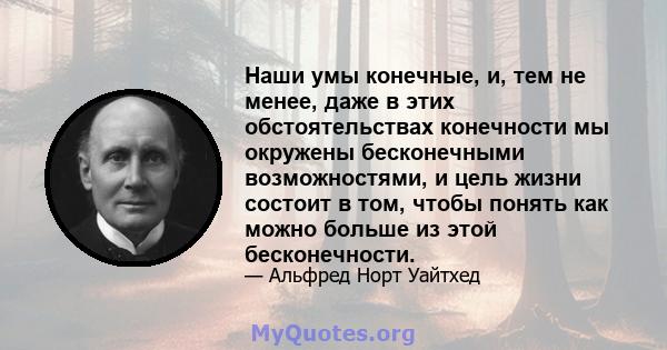 Наши умы конечные, и, тем не менее, даже в этих обстоятельствах конечности мы окружены бесконечными возможностями, и цель жизни состоит в том, чтобы понять как можно больше из этой бесконечности.