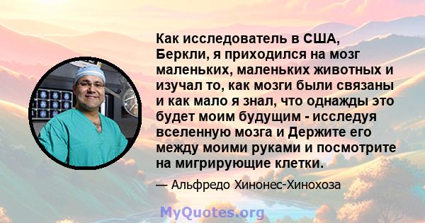 Как исследователь в США, Беркли, я приходился на мозг маленьких, маленьких животных и изучал то, как мозги были связаны и как мало я знал, что однажды это будет моим будущим - исследуя вселенную мозга и Держите его