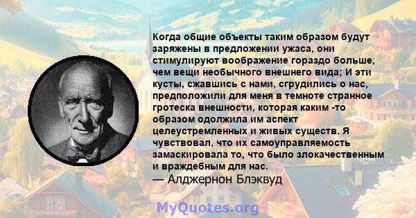 Когда общие объекты таким образом будут заряжены в предложении ужаса, они стимулируют воображение гораздо больше, чем вещи необычного внешнего вида; И эти кусты, сжавшись с нами, сгрудились о нас, предположили для меня