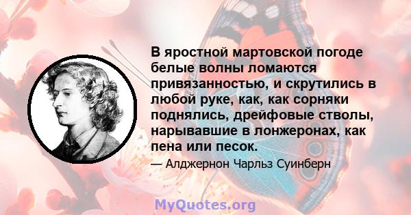 В яростной мартовской погоде белые волны ломаются привязанностью, и скрутились в любой руке, как, как сорняки поднялись, дрейфовые стволы, нарывавшие в лонжеронах, как пена или песок.