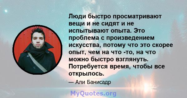 Люди быстро просматривают вещи и не сидят и не испытывают опыта. Это проблема с произведением искусства, потому что это скорее опыт, чем на что -то, на что можно быстро взглянуть. Потребуется время, чтобы все открылось.