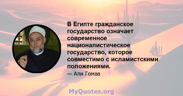 В Египте гражданское государство означает современное националистическое государство, которое совместимо с исламистскими положениями.