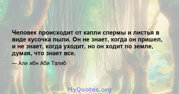 Человек происходит от капли спермы и листья в виде кусочка пыли. Он не знает, когда он пришел, и не знает, когда уходит, но он ходит по земле, думая, что знает все.