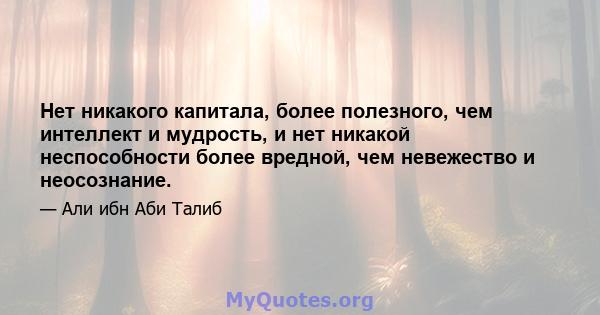 Нет никакого капитала, более полезного, чем интеллект и мудрость, и нет никакой неспособности более вредной, чем невежество и неосознание.